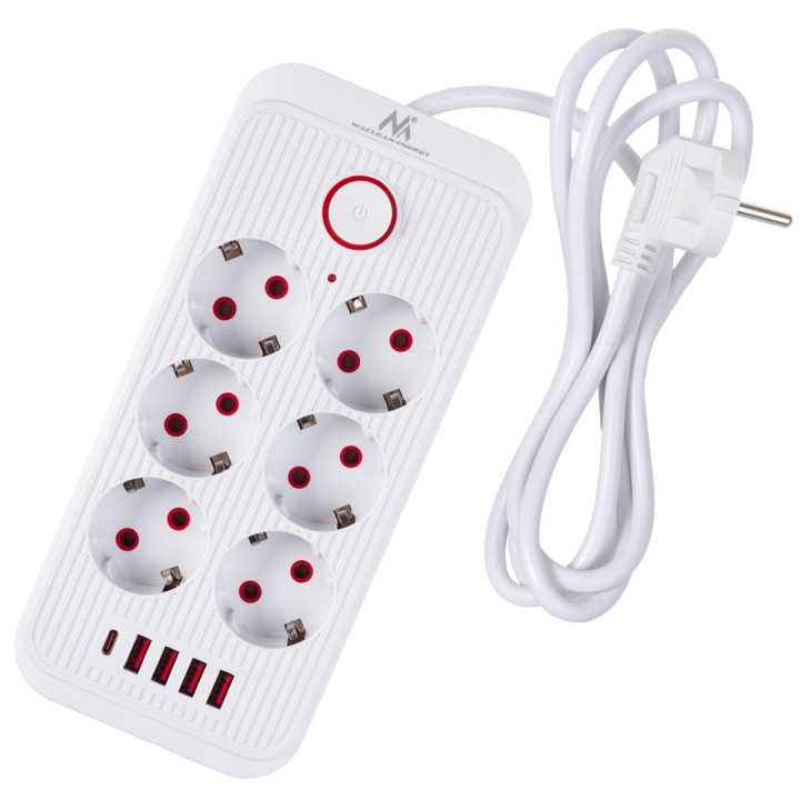 Maclean multipresa 6 prese prolunga + 4xUSB 110-240V AC 50/60Hz 2.1A max 2500W 1.5 m bianco MCE389 W