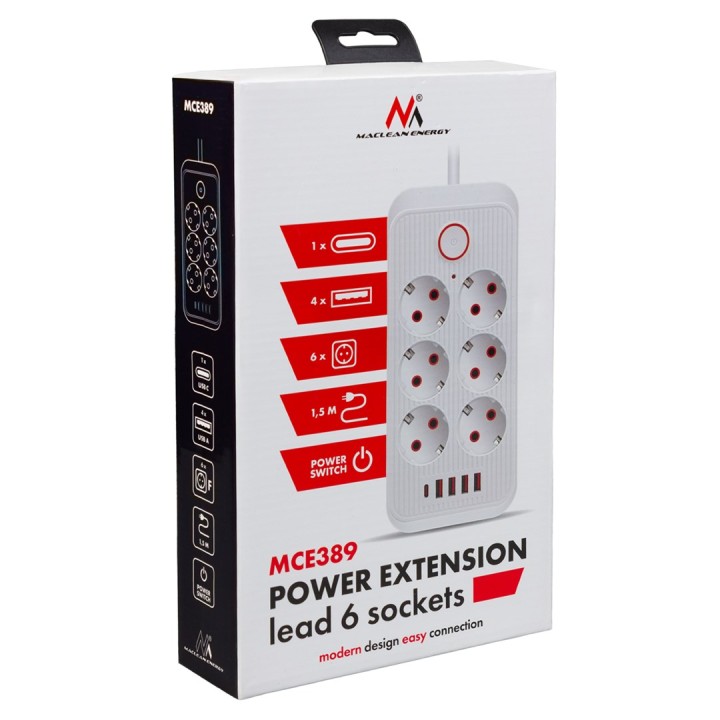 Maclean multipresa 6 prese prolunga + 4xUSB 110-240V AC 50/60Hz 2.1A max 2500W 1.5 m bianco MCE389 W
