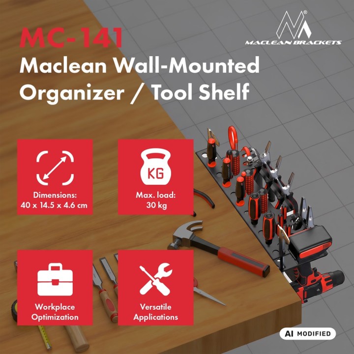 Maclean Organizer / scaffale per attrezzi da parete nero dimensioni 40x14.5x4.6 cm max 30 kg MC-141