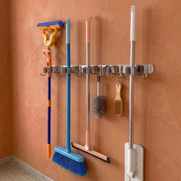 Maclean Organizer da parete per attrezzi da giardino e scope in acciaio con ganci carico massimo 20 kg larghezza 60 cm MC-185