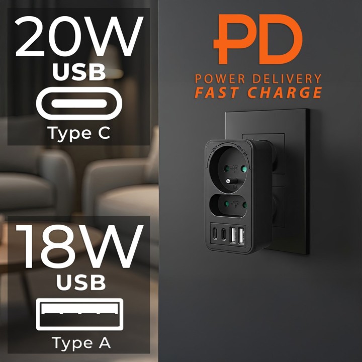 Maclean presa di corrente x2 + 4xUSB multipresa con 2 prese 2xUSB A 2xUSB C PD 20W 1x16A + 1x6A MCE249 F/B