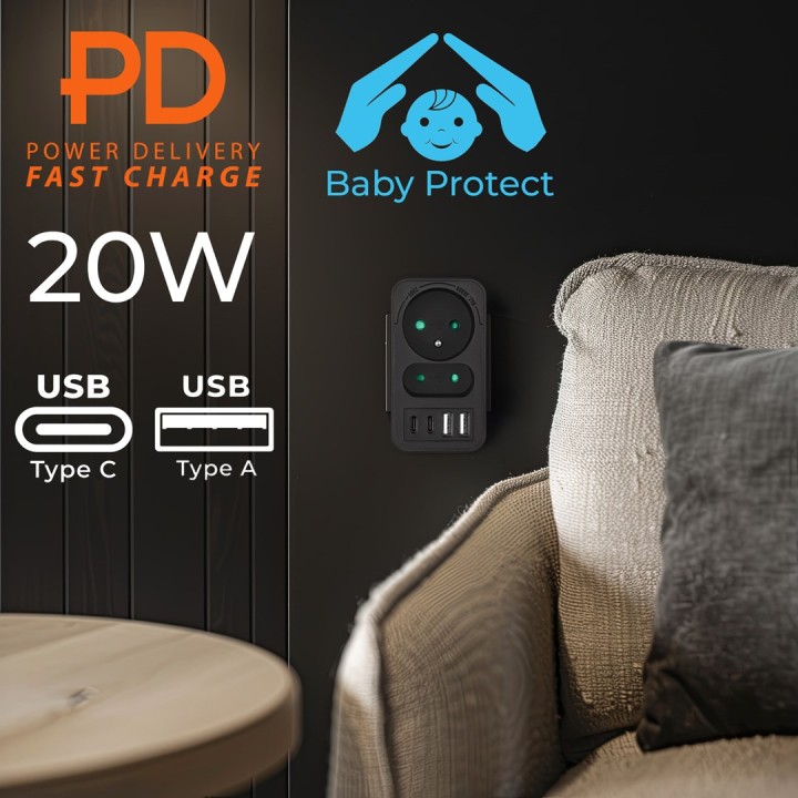 Maclean presa di corrente x2 + 4xUSB multipresa con 2 prese 2xUSB A 2xUSB C PD 20W 1x16A + 1x6A MCE249 F/B