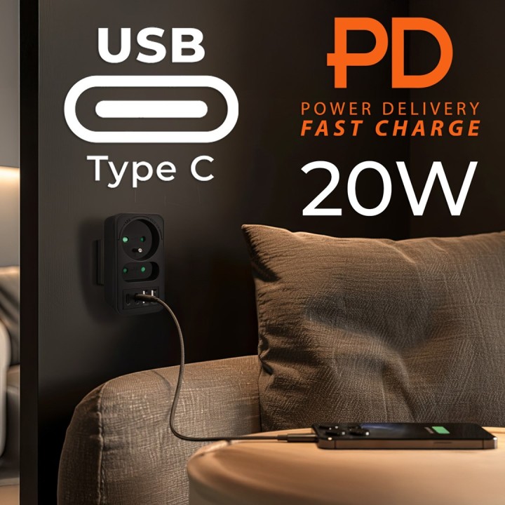 Maclean presa di corrente x2 + 4xUSB multipresa con 2 prese 2xUSB A 2xUSB C PD 20W 1x16A + 1x6A MCE249 F/B