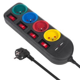 Maclean ciabatta 4 prese cavo prolunga + 2xUSB con interruttori 250VAC/10A 2.1A 5V 1.5m nero MCE229 B