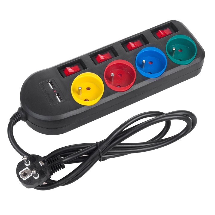Maclean ciabatta 4 prese cavo prolunga + 2xUSB con interruttori 250VAC/10A 2.1A 5V 1.5m nero MCE229 B
