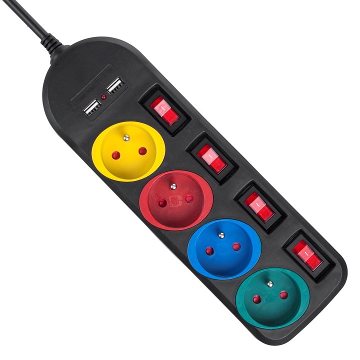 Maclean ciabatta 4 prese cavo prolunga + 2xUSB con interruttori 250VAC/10A 2.1A 5V 1.5m nero MCE229 B