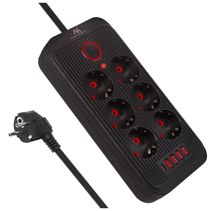 Maclean multipresa 6 prese prolunga + 4xUSB 110-240V AC 50/60Hz 2.1A max 2500W 1.5 m nero MCE389 B