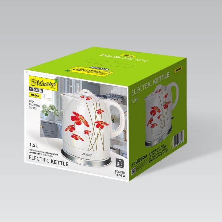 Feel-Maestro MR-066-RED FLOWERS bollitore elettrico 1.5 L 1200 W rosso bianco