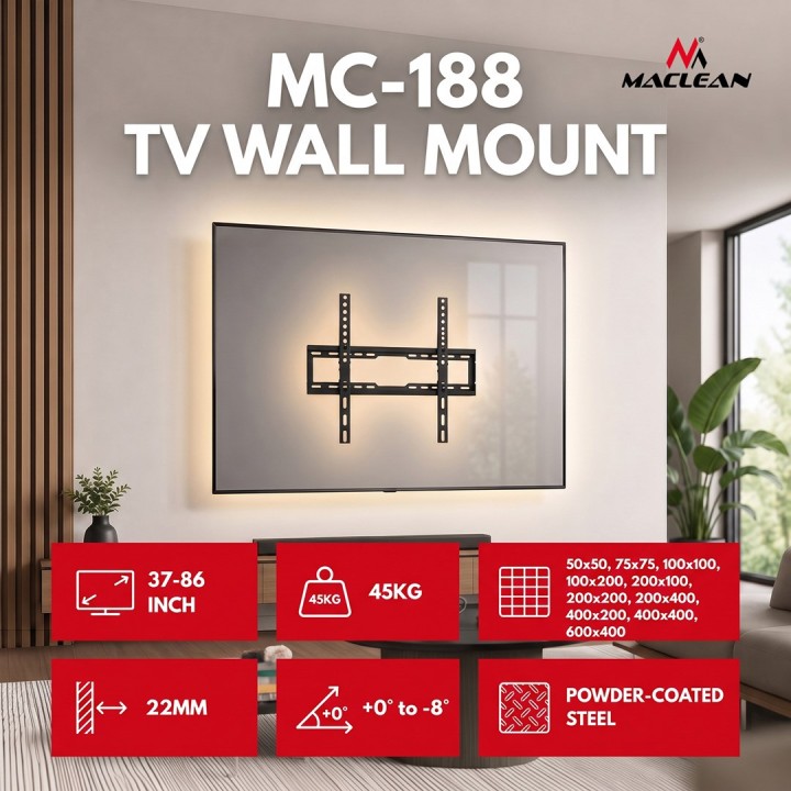 Maclean TV supporto / staffa max VESA 600x400 37-86 fino a 45 kg nero regolazione inclinazione 0°–8° MC-188