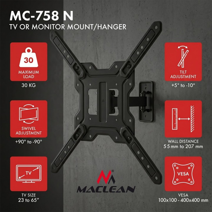 Maclean TV supporto / staffa per monitor max 23–65 carico massimo 30 kg universale max VESA 400x400 MC-758 N