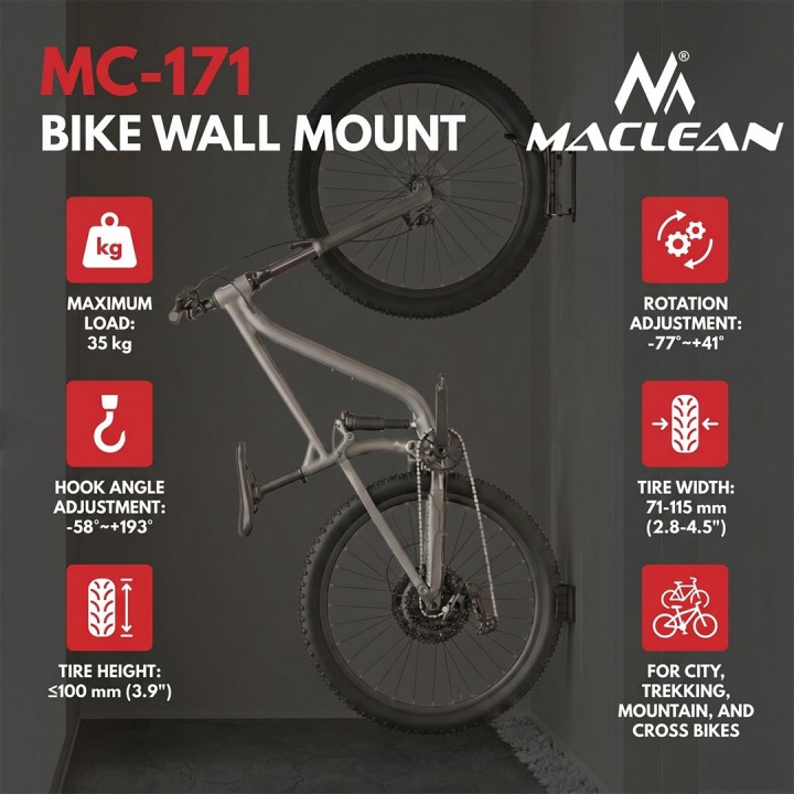 Maclean Portabici a parete / gancio carico massimo 35 kg angolo inclinazione regolabile acciaio MC-171
