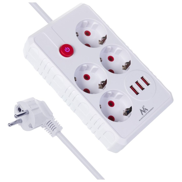 Maclean multipresa 4 prese cavo prolunga + 3xUSB 110-240V AC 50/60Hz 2.1A max 2500W 3m bianco MCE393 W