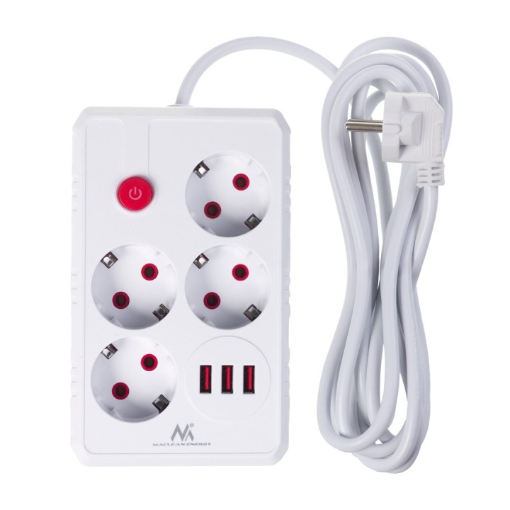 Maclean multipresa 4 prese cavo prolunga + 3xUSB 110-240V AC 50/60Hz 2.1A max 2500W 3m bianco MCE393 W