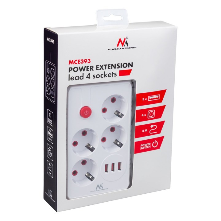 Maclean multipresa 4 prese cavo prolunga + 3xUSB 110-240V AC 50/60Hz 2.1A max 2500W 3m bianco MCE393 W