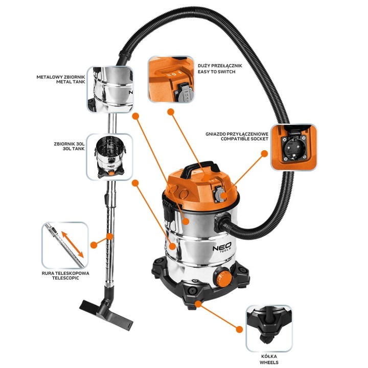 NEO TOOLS Aspirapolvere industriale 1400W 30 L Tank 04-738