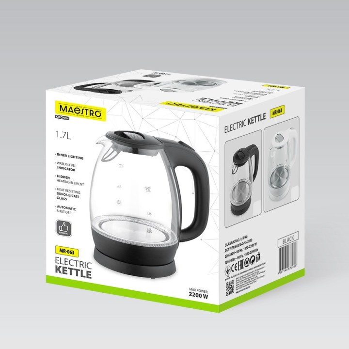 Maestro MR-063-Black Bollitore elettrico in vetro 1 7 L