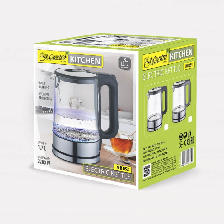 Maestro MR053 Bollitore elettrico 1.7 L 2200 W Nero Trasparente