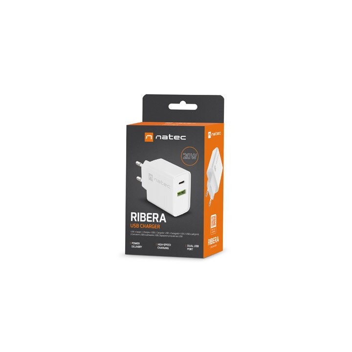 NATEC CARICABATTERIE DI RETE RIBERA USB-A+USB-C 20W PD