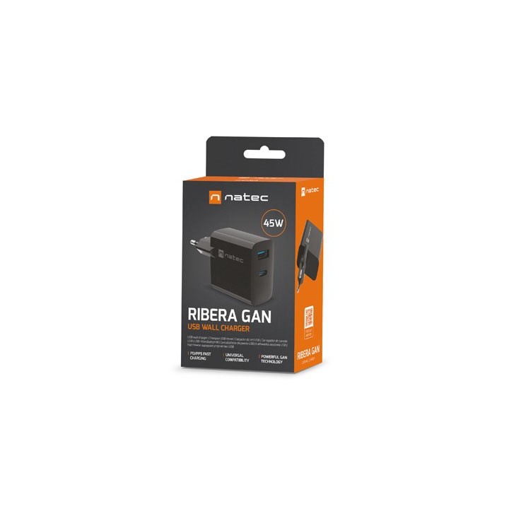 NATEC CARICABATTERIE GAN RIBERA 1x USB-A + 1x USB-C 45W NERO