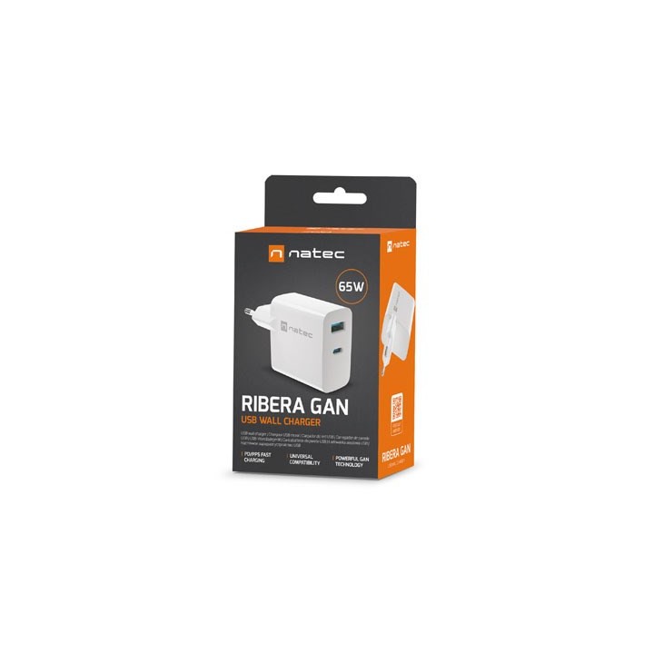 NATEC CARICABATTERIE GAN RIBERA 1x USB-A + 1x USB-C 65W BIANCO