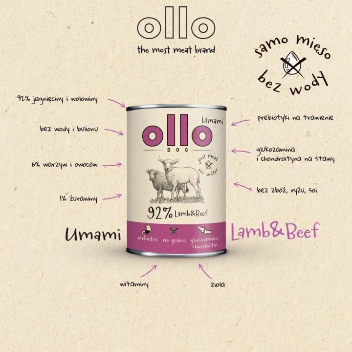 OLLO Umami Agnello e manzo - cibo umido cani - 850g