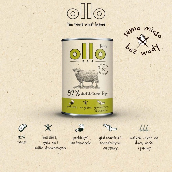 OLLO Pure Manzo e trippa verde - cibo umido per cani - 850g