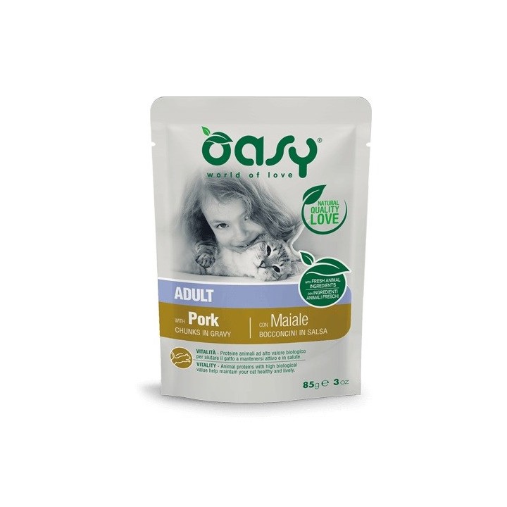OASY Bocconi in salsa Maiale - cibo umido per gatti - 85g