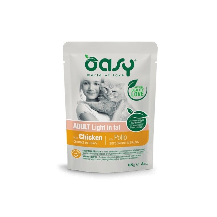 OASY Bocconcini in salsa pollo light a basso contenuto di grassi - cibo umido per gatti - 85g