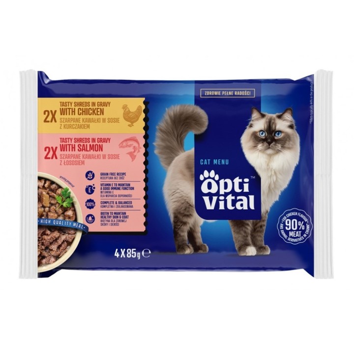 OPTIVITAL straccetti in salsa con pollo e salmone - cibo umido per gatti - 4x85g