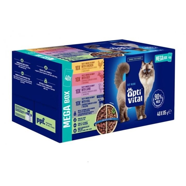 OPTIVITAL straccetti gustosi in salsa con pollo manzo agnello e vitello - cibo umido per gatti - 40x85g
