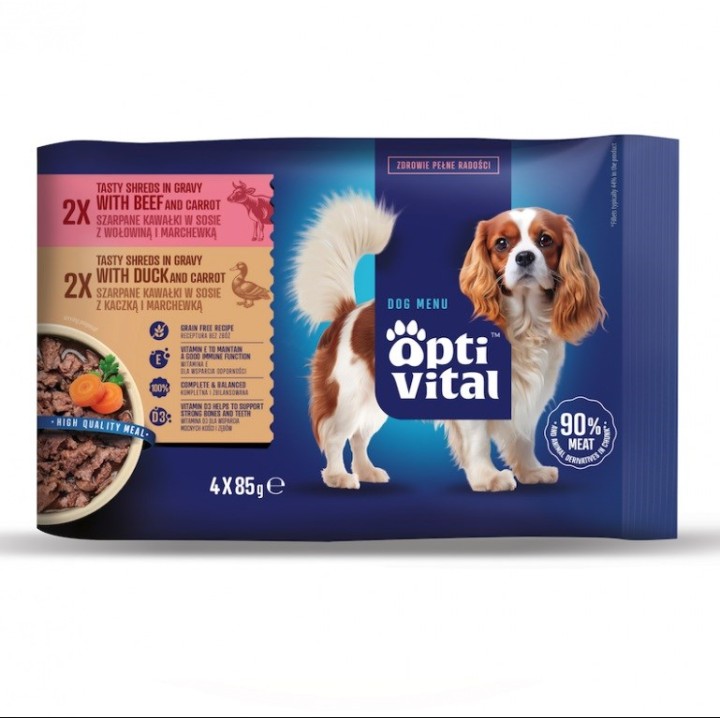 OPTIVITAL Tasty shreds con manzo e anatra in sugo - cibo umido per cani - 4x85g