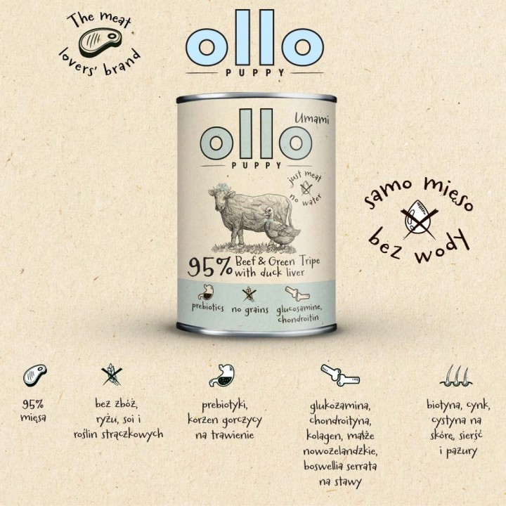 OLLO Puppy Umami Manzo e trippa verde con fegato d'anatra - cibo umido cani - 850g