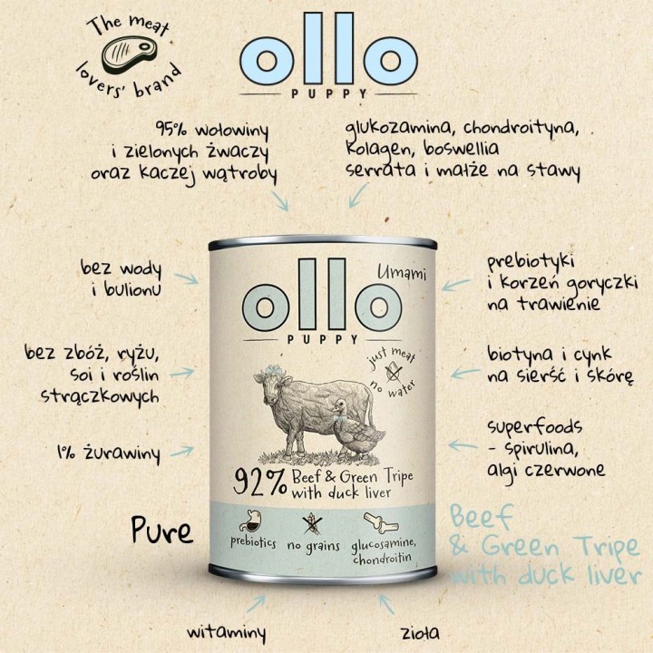 OLLO Puppy Umami Manzo e trippa verde con fegato d'anatra - cibo umido cani - 850g