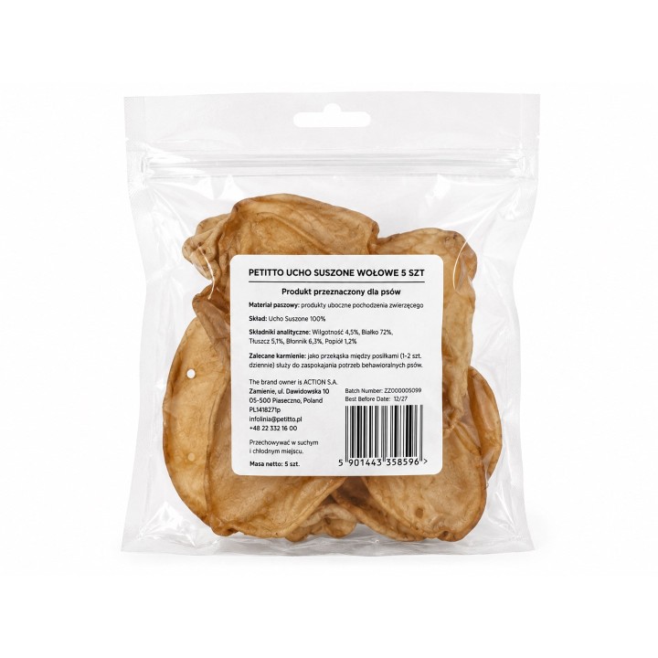 PETITTO Orecchio di manzo disidratato Mono - snack per cani - 5 pz