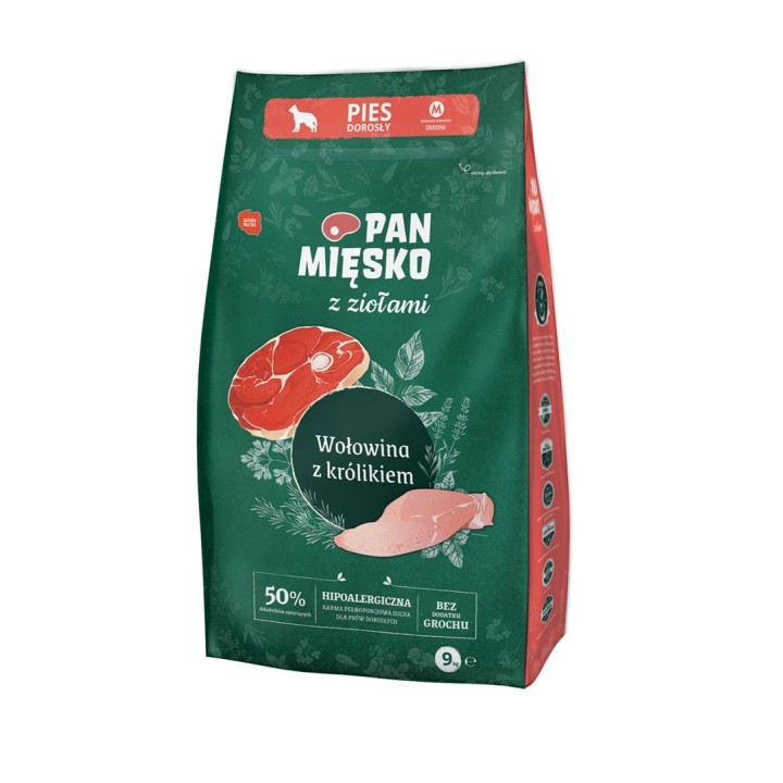 PAN MIĘSKO con erbe Manzo con coniglio M - cibo secco per cani - 9kg