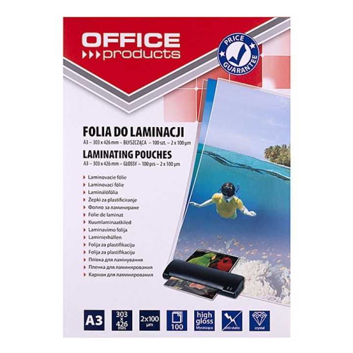 OFFICE PRODUCTS Laminating film A3 2x100 micron lucido 100 fogli trasparente