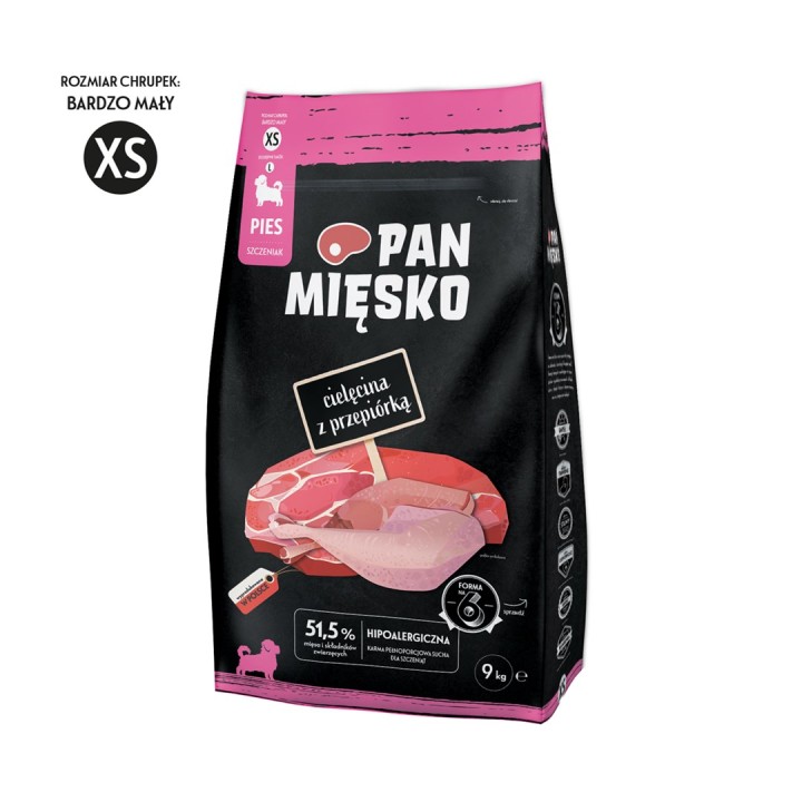 PAN MIĘSKO Vitello con quaglia XS - cibo secco per cuccioli - 9kg