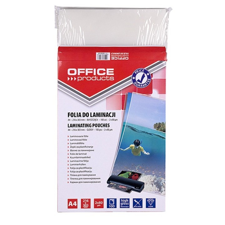 OFFICE PRODUCTS Laminating film A4 2x80 micron lucido 100 fogli trasparente