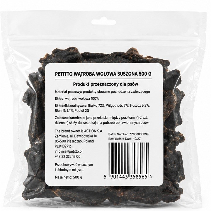PETITTO Fegato di manzo disidratato Mono - snack per cani - 500g