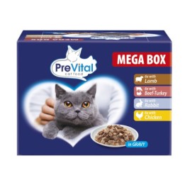 PREVITAL Cibo per gatti Megabox con agnello manzo coniglio e pollo in sugo - Cibo umido per gatti - 24 x 100g