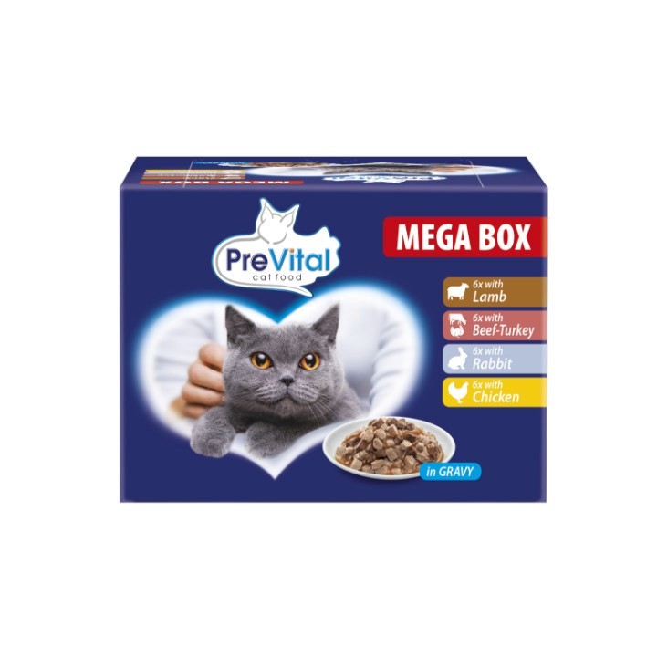PREVITAL Cibo per gatti Megabox con agnello manzo coniglio e pollo in sugo - Cibo umido per gatti - 24 x 100g