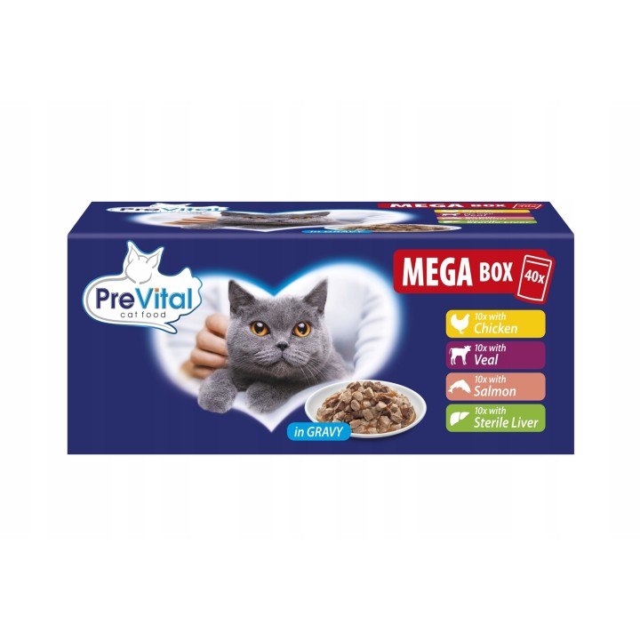 PREVITAL Mega Box vitello salmone fegato pollo - cibo umido per gatti - 40X100g