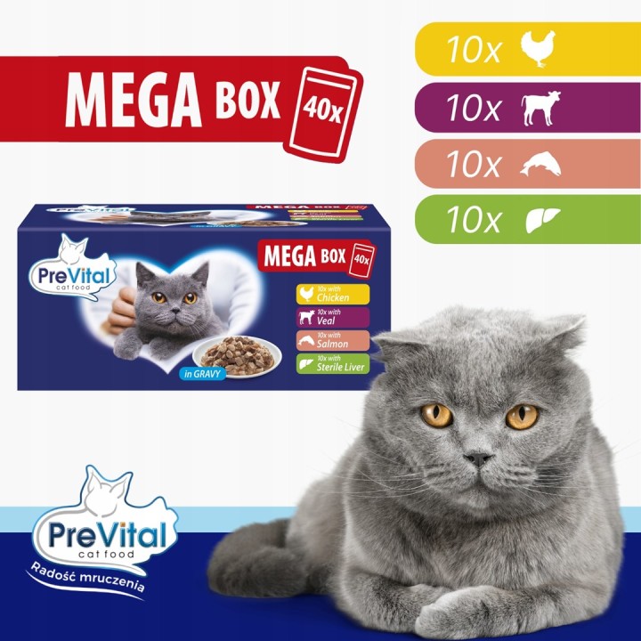 PREVITAL Mega Box vitello salmone fegato pollo - cibo umido per gatti - 40X100g