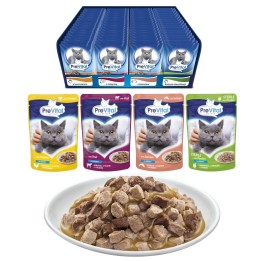 PREVITAL Cat Food Mix 4 Sapori Pollo Vitello Salmone Pollame - cibo umido per gatti – 96 x 100 g
