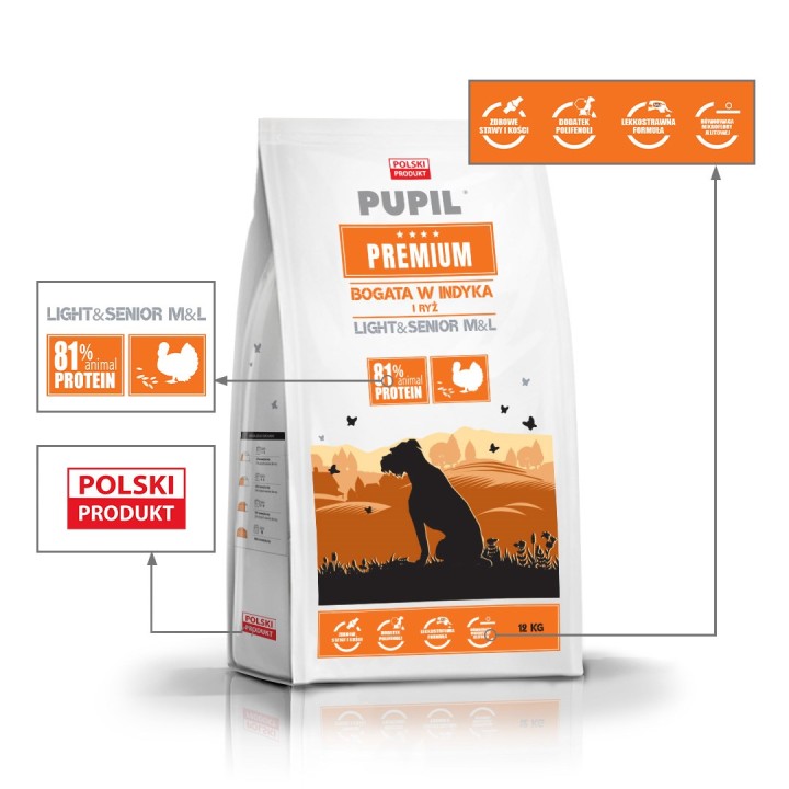 PUPIL Premium Light&Senior razze medie e grandi ricco di tacchino e riso - cibo secco per cani - 12kg