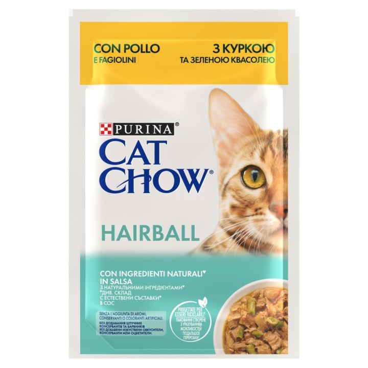 CAT CHOW Controllo Palle di Pelo Pollo Fagiolini in Salsa 85g