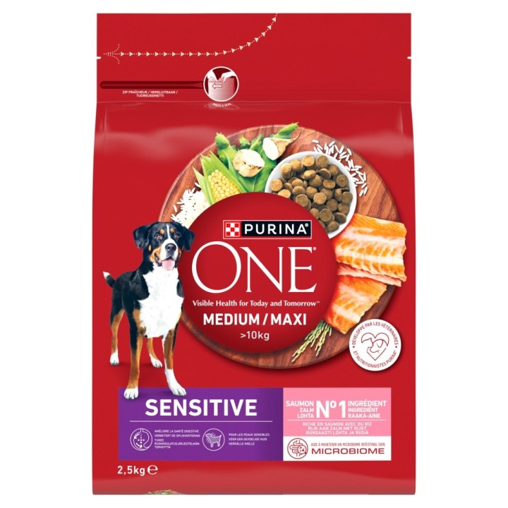 PURINA One Adult Medium/Maxi Sensitive Ricco di salmone con riso - cibo secco per cani - 2 5kg