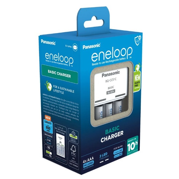 Caricabatterie PANASONIC Eneloop Basic BQ-CC51 + 4x AAA 800 mAh (K-KJ51MCD04E)