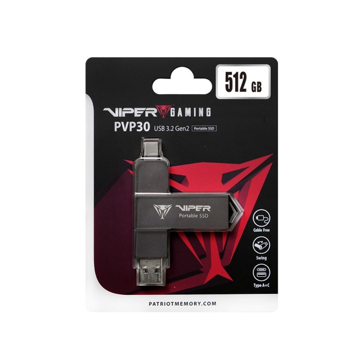SSD portatile esterno Patriot Viper PVP30 Duo compatto 512GB 1000MB/s USB A+C 3.2 Gen2 (PVP30512G28UDG)