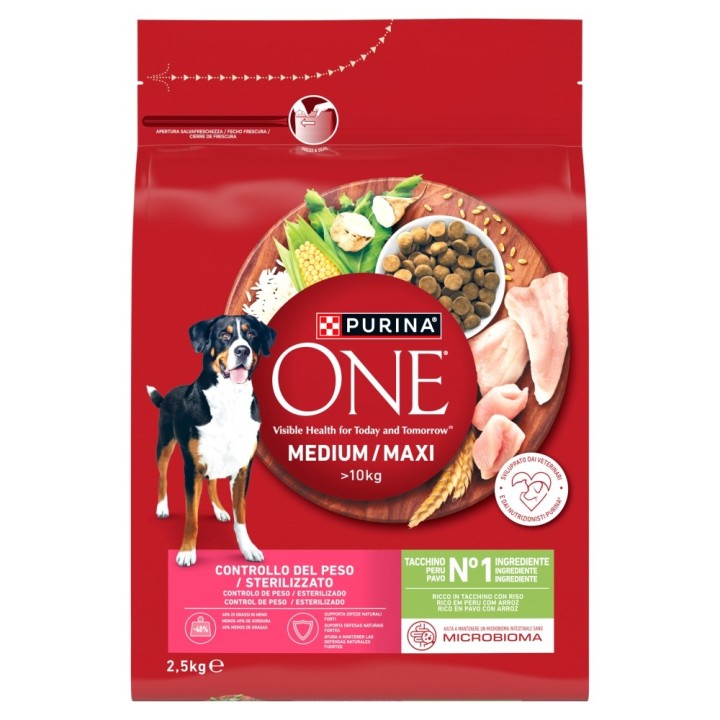 PURINA One Adult Medium/Maxi Weight Control/Sterilized Ricco di tacchino con riso - cibo secco per cani - 2 5kg